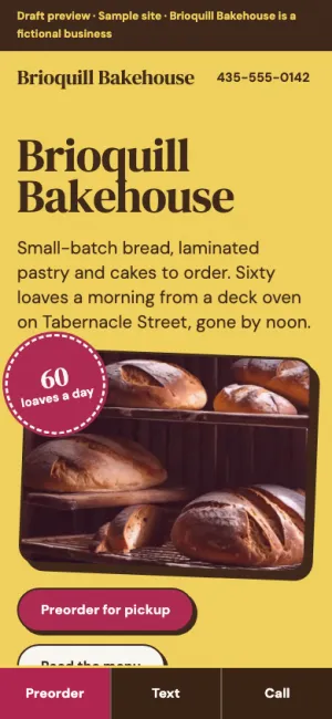 Brioquill Bakehouse sample site on a phone