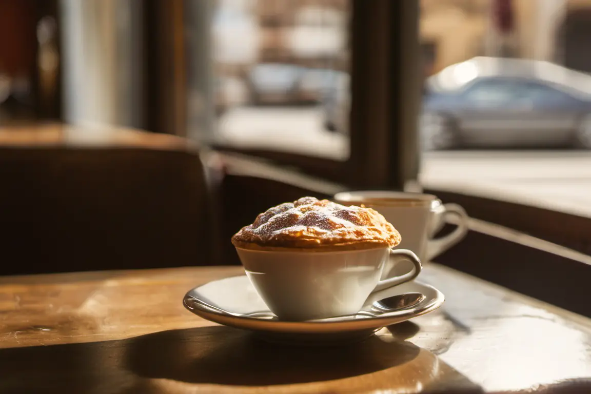An espresso cup and a pastry on the cafe counter in morning light