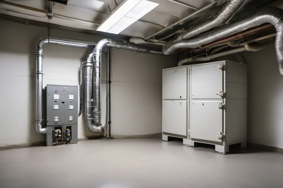 Clean white gas furnace and neat sheet metal ductwork in a utility closet