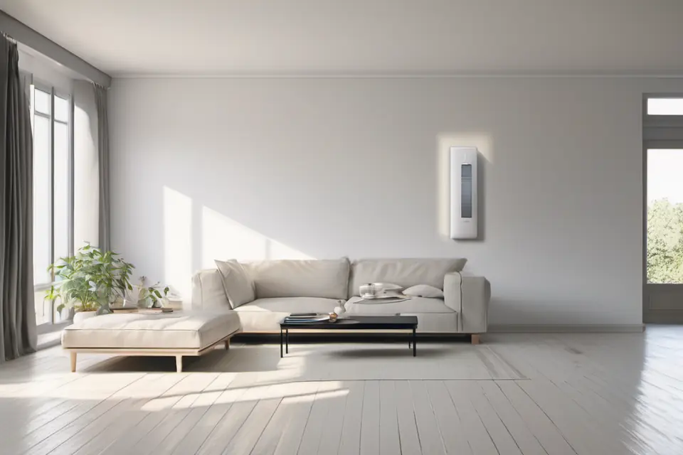 Bright living room with a wall thermostat and ceiling vent, cool and calm