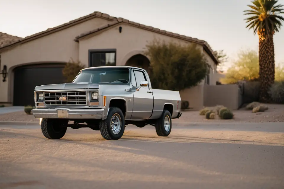 After: gray pickup truck, clean and glossy in a driveway at golden hour